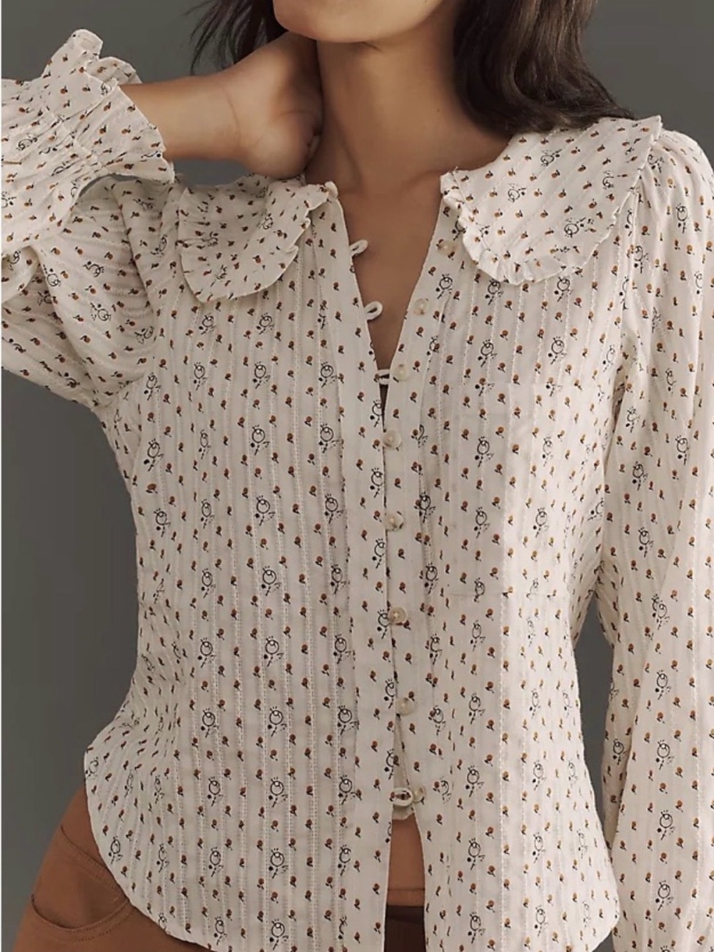 Pilcro Cream Floral Ruffled-Collar Button Front Blouse